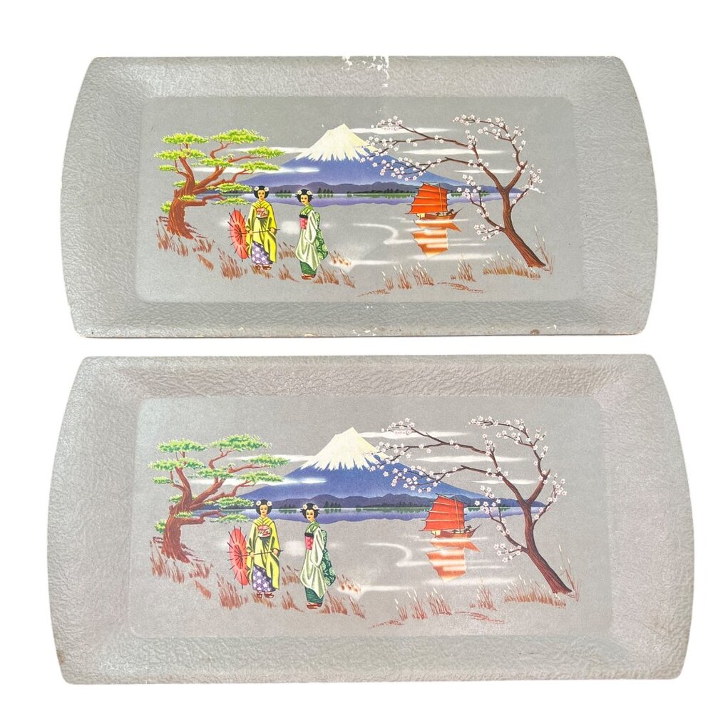 VTG Kentley Buffet Serving Tray Set Gray Pressed Board Japan Geisha Mt. Fuji